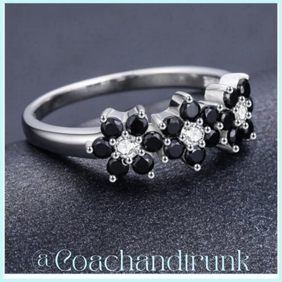 925 Hallmark 18 Black Spinel and 3 White Zirconia Prong Set 3 Flower Size 6 Ring - Picture 2 of 4